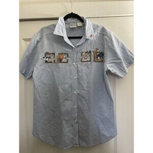 VTG Lets Quizz Again New York Womens Shirt L Short Sleeve Embroidered Animals